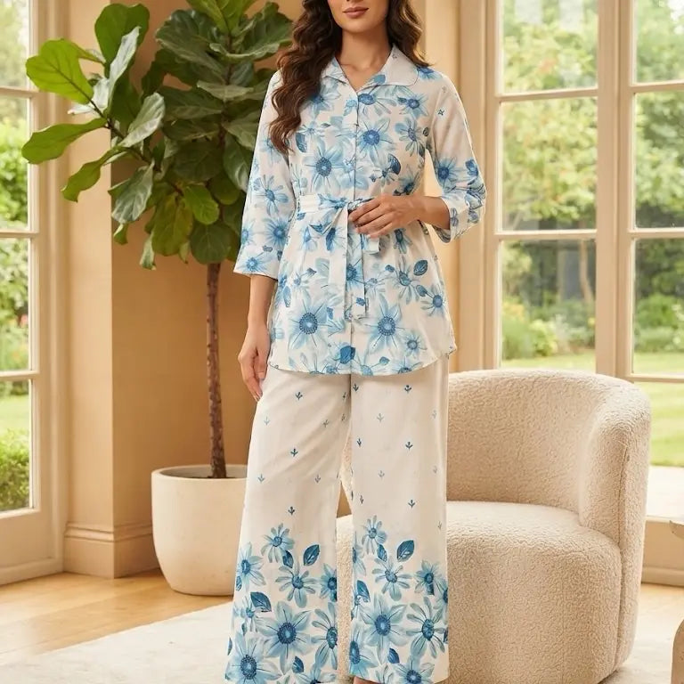 White Gray Floral 2Pc Co-Ord Set Size 38 Tie Waist Long Shirt Wide Leg Pants Womenswear Clothes Suits Top Wideleg