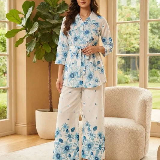 White Gray Floral 2Pc Co-Ord Set Size 38 Tie Waist Long Shirt Wide Leg Pants Womenswear Clothes Suits Top Wideleg