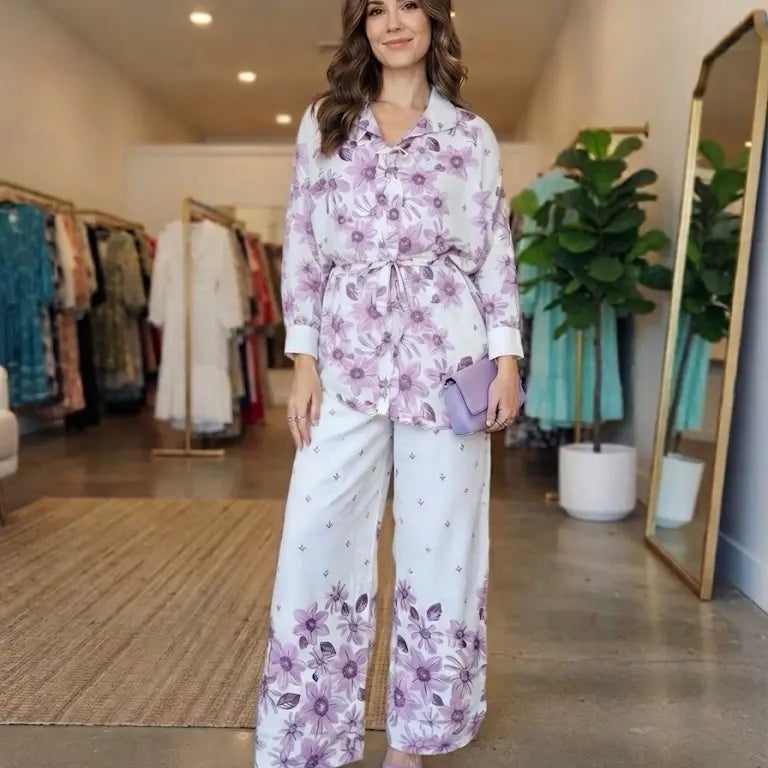 White Gray Floral 2Pc Co-Ord Set Size 38 Tie Waist Long Shirt Wide Leg Pants Womenswear Clothes Suits Top Wideleg