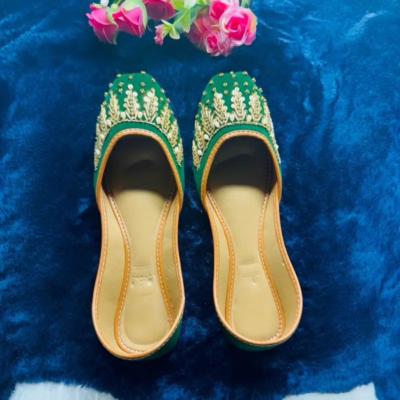 Handmade Velvet Green Bridal Jutti - Traditional Punjabi Khussa with Gold Zardosi Embroidery - Ethnic Wedding Flats