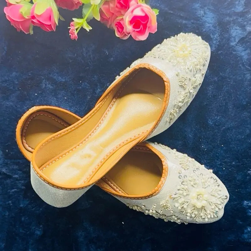 Handmade Pearl Embellished Khussa - Luxury White Bridal Jutti Flat Shoes for Weddings & Parties