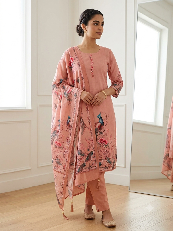Women's Floral Print Kurta Set with Dupatta Elegant Three-Piece Outfit Ethnic Wear Trousers and Casual Kurti Set Traditional Festive Wear
