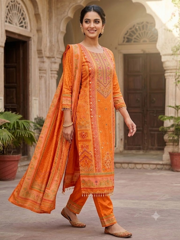 Women's Ethnic Print Kurta Set with Dupatta Elegant Three-Piece Outfit Traditional Festive Wear Trousers and Kurti Casual Kurti Set