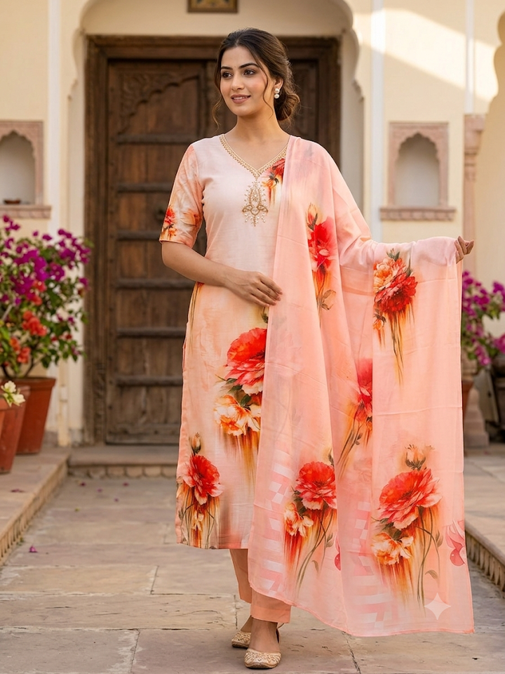Women's Floral Print Kurta Set with Dupatta Elegant Ethnic Three-Piece Outfit Casual V-Neck Kurti with Trousers Traditional Festive Wear