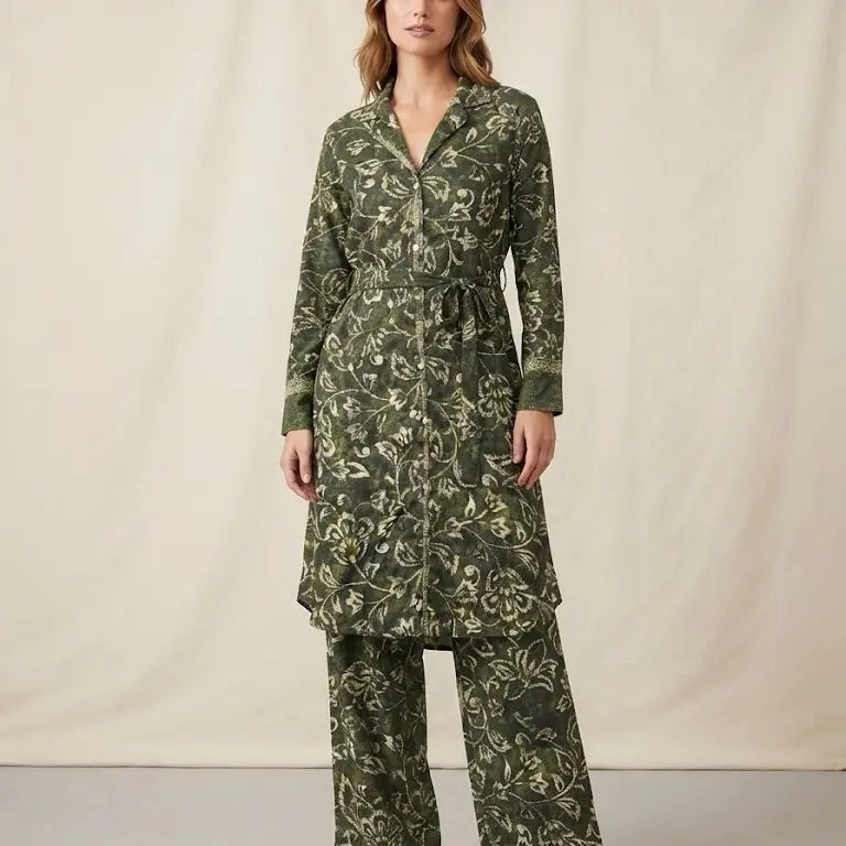 Elegant Onyx Botanical 2 Pc Coord Set XXL - Lightweight Long Shirt and Wide