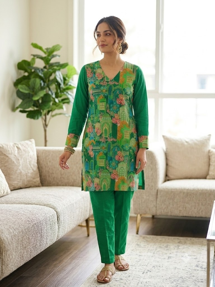 Women's Printed Kurta Set with Trousers Elegant Ethnic Two-Piece Outfit Casual V-Neck Kurti Traditional Festive Wear