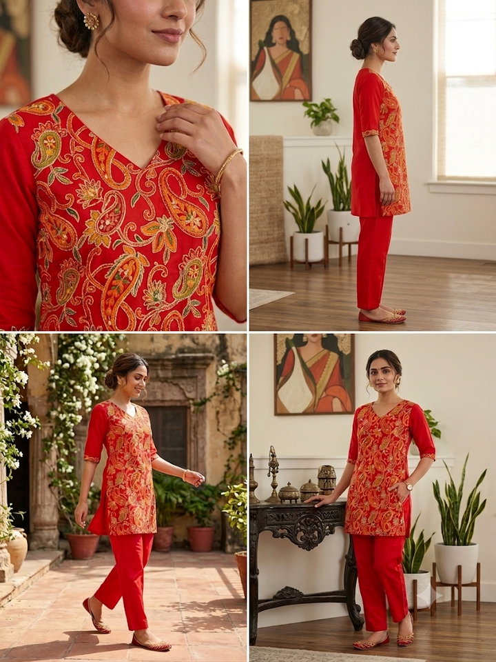 Crimson Paisley Embroidered Kurta and Pant Set | 2-Piece Festive Indian Suit Set for Women