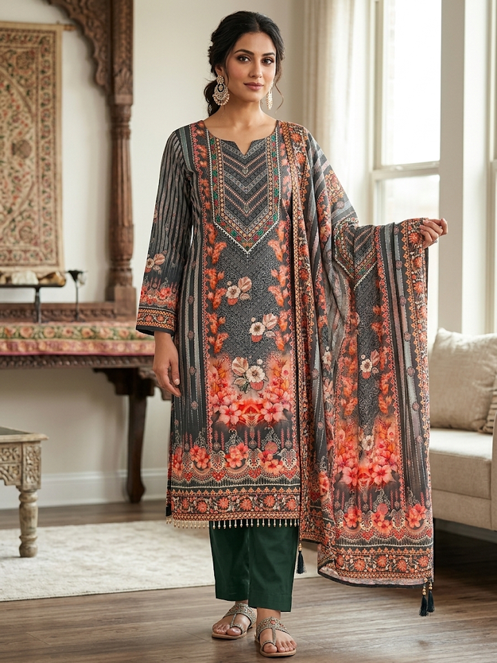 Women's Floral Ethnic Print Kurta Set with Dupatta Elegant Three-Piece Outfit Traditional Festive Wear Trousers and Kurti Casual Kurti Set
