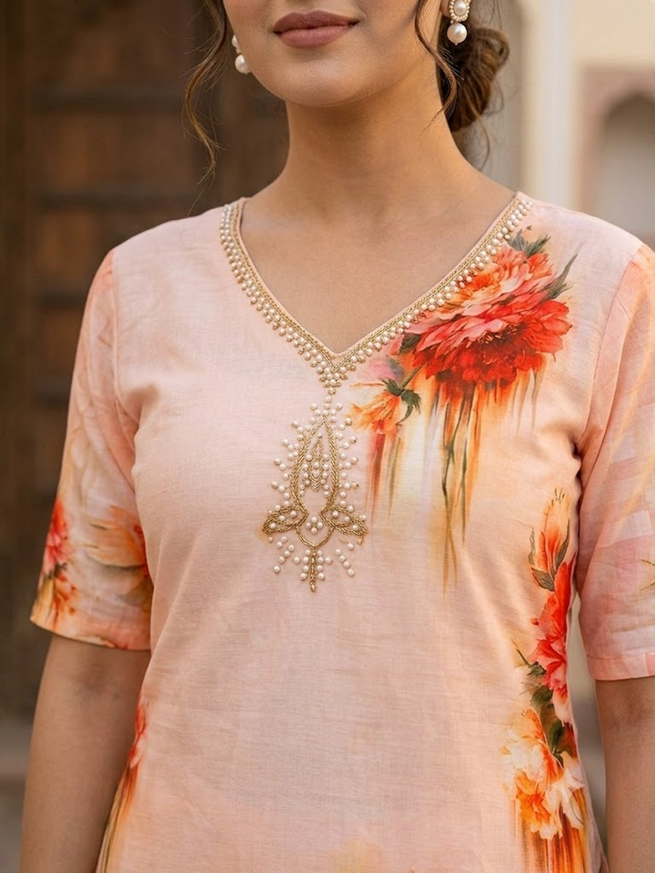 Women's Floral Print Kurta Set with Dupatta Elegant Ethnic Three-Piece Outfit Casual V-Neck Kurti with Trousers Traditional Festive Wear