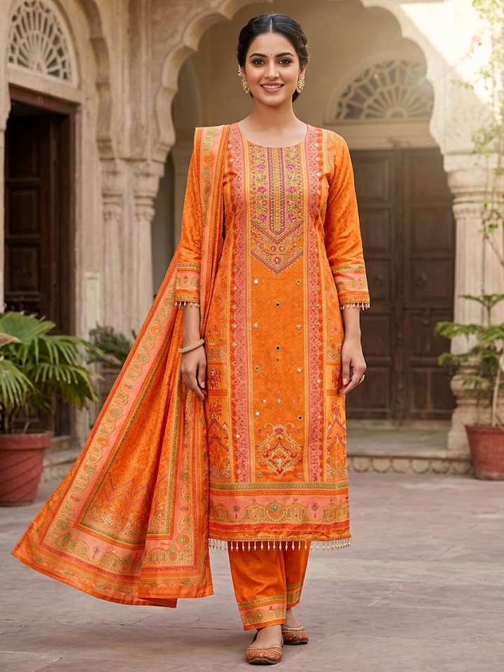 Women's Ethnic Print Kurta Set with Dupatta Elegant Three-Piece Outfit Traditional Festive Wear Trousers and Kurti Casual Kurti Set