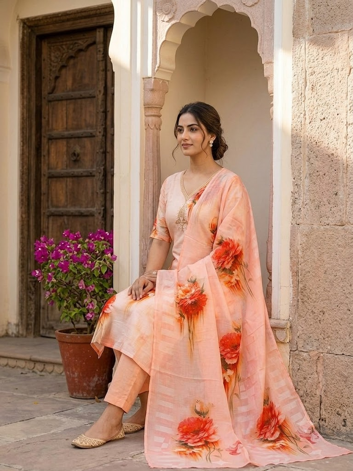 Women's Floral Print Kurta Set with Dupatta Elegant Ethnic Three-Piece Outfit Casual V-Neck Kurti with Trousers Traditional Festive Wear