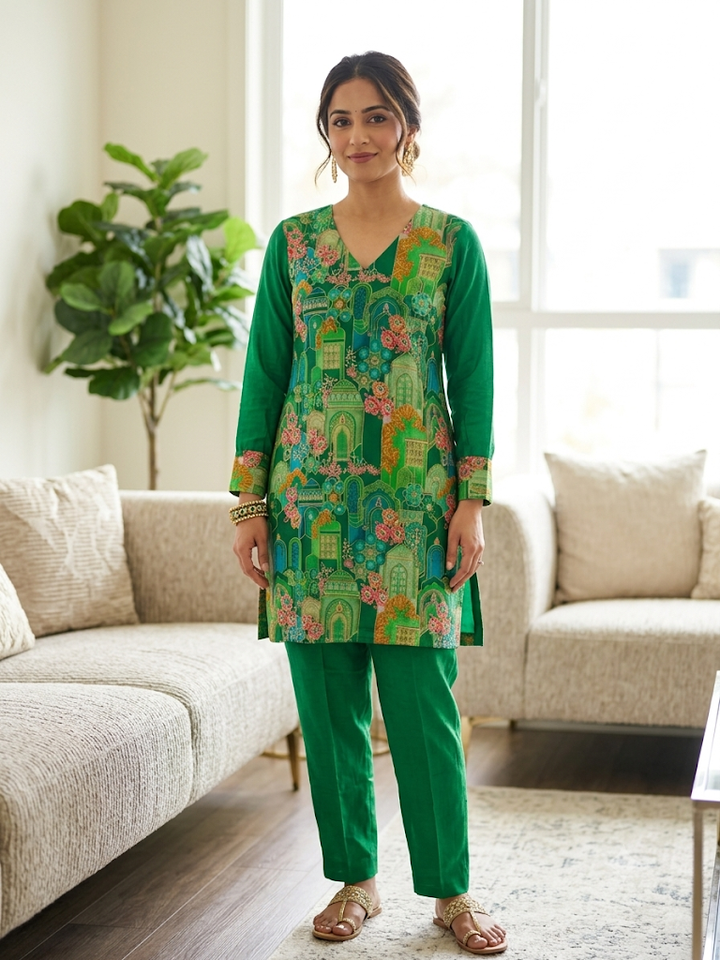 Women's Printed Kurta Set with Trousers Elegant Ethnic Two-Piece Outfit Casual V-Neck Kurti Traditional Festive Wear