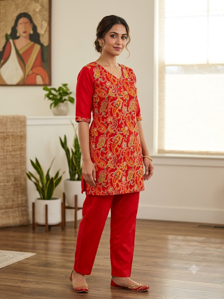 Crimson Paisley Embroidered Kurta and Pant Set | 2-Piece Festive Indian Suit Set for Women