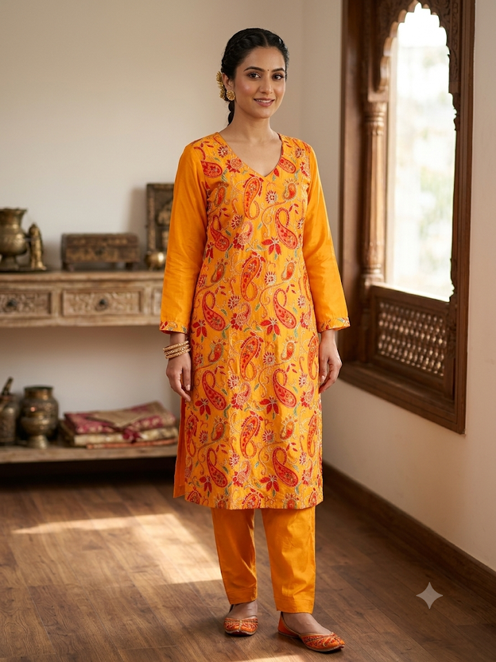 Women's Paisley Floral Kurta Set with Trousers Elegant Ethnic Two-Piece Outfit C
