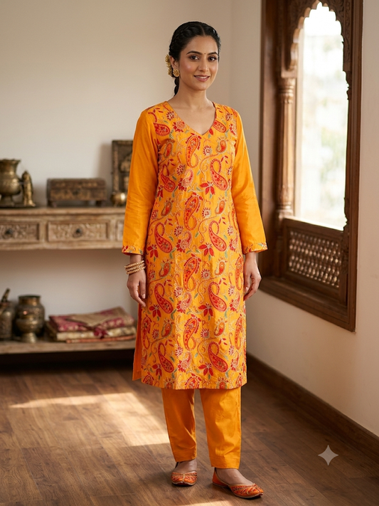Women's Paisley Floral Kurta Set with Trousers Elegant Ethnic Two-Piece Outfit C