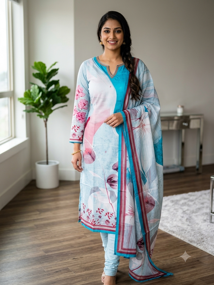 Women's Floral Print Kurta Set with Dupatta Elegant Three-Piece Outfit Ethnic Wear Trousers and Casual Kurti Set Traditional Festive Wear