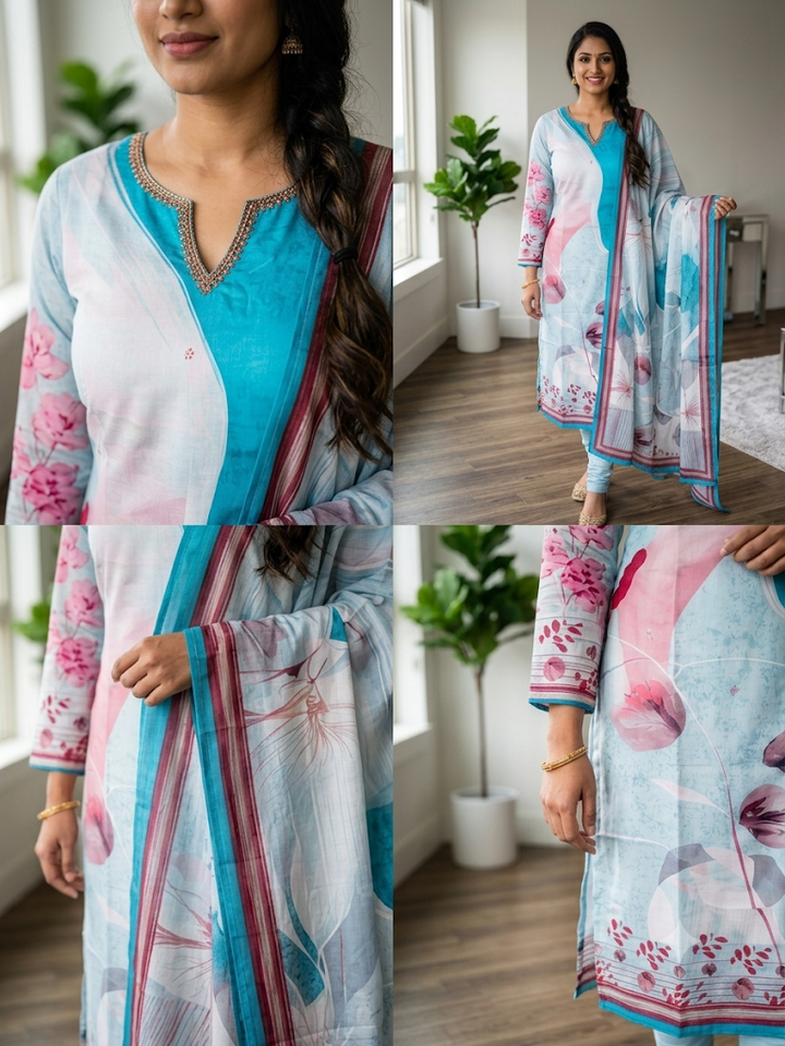 Women's Floral Print Kurta Set with Dupatta Elegant Three-Piece Outfit Ethnic Wear Trousers and Casual Kurti Set Traditional Festive Wear