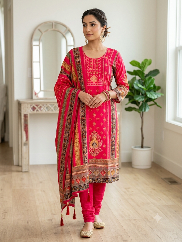Women's Printed Kurta Set with Dupatta Elegant Three-Piece Outfit Ethnic Wear Trousers and Casual Kurti Set Traditional Festive Wear
