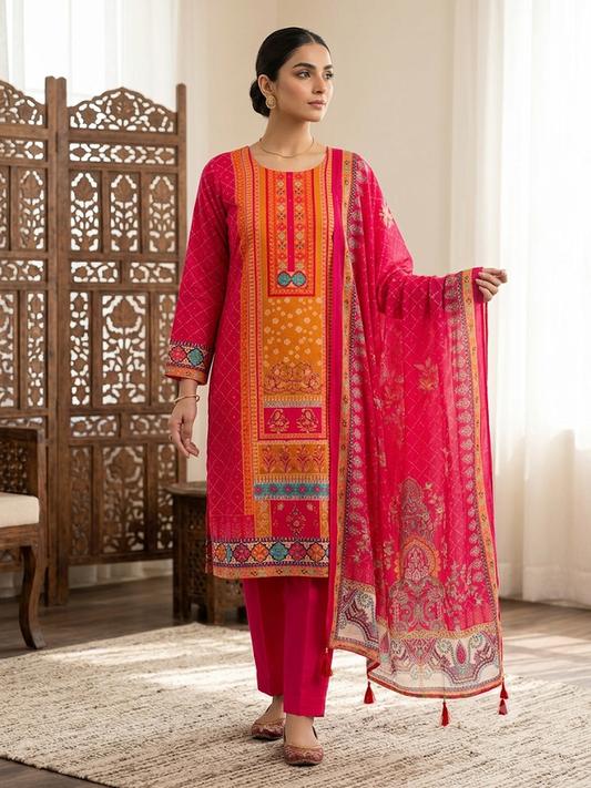 Women's Vibrant Pink 3-Piece Printed Kurta Set, Traditional Ethnic Suit with Straight Trousers & Tassel Dupatta, Festive Indian Party Wear