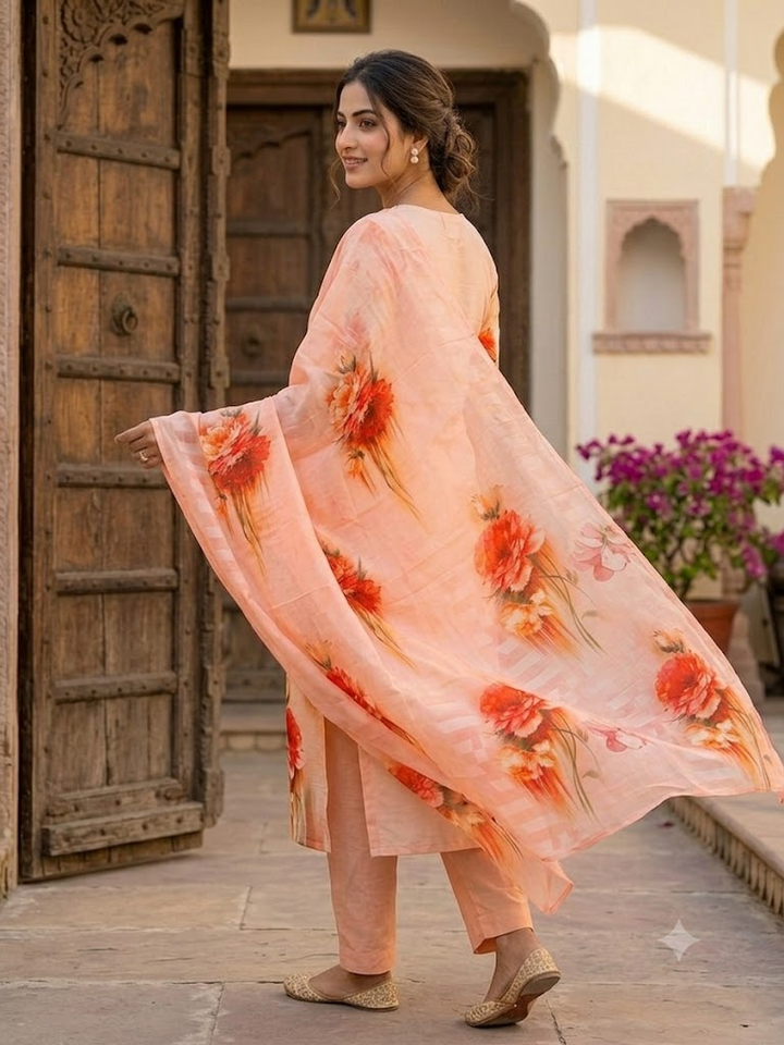 Women's Floral Print Kurta Set with Dupatta Elegant Ethnic Three-Piece Outfit Casual V-Neck Kurti with Trousers Traditional Festive Wear