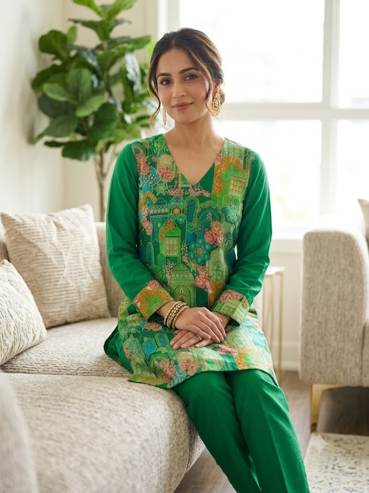 Women's Printed Kurta Set with Trousers Elegant Ethnic Two-Piece Outfit Casual V-Neck Kurti Traditional Festive Wear