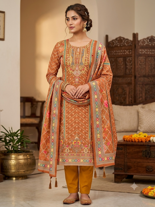 Women's Printed Kurta Set with Dupatta Elegant Three-Piece Outfit Ethnic Wear Trousers and Casual Kurti Set Traditional Festive Wear