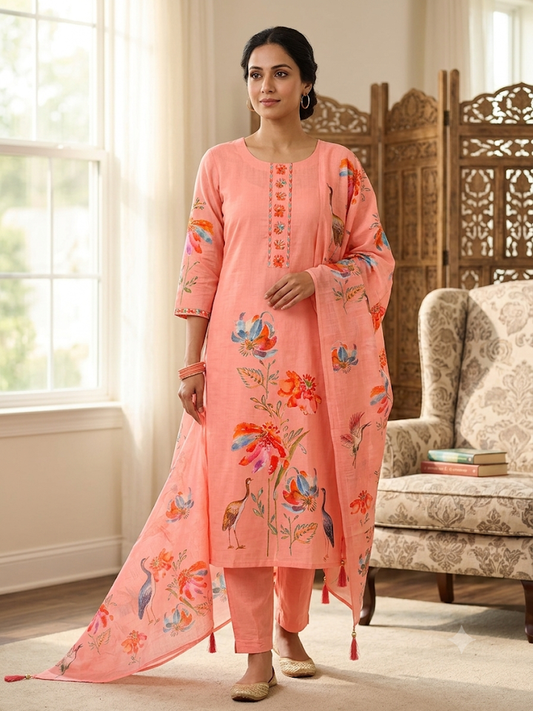 Women's Soft Peach Floral & Bird Print 3-Piece Kurta Set, Traditional Ethnic Suit with Tassel Dupatta, Casual Festive Wear