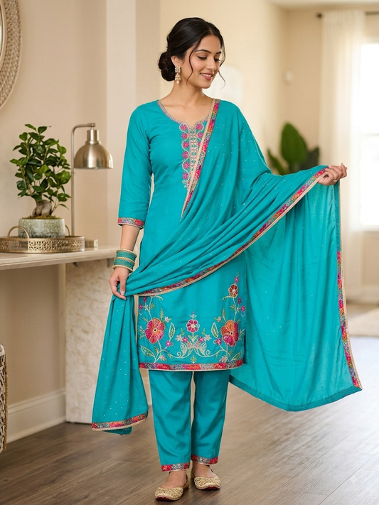 Women's 3-Piece Turquoise Embroidered Kurta Set, Floral Ethnic Tunic Top with Matching Pants and Dupatta Scarf