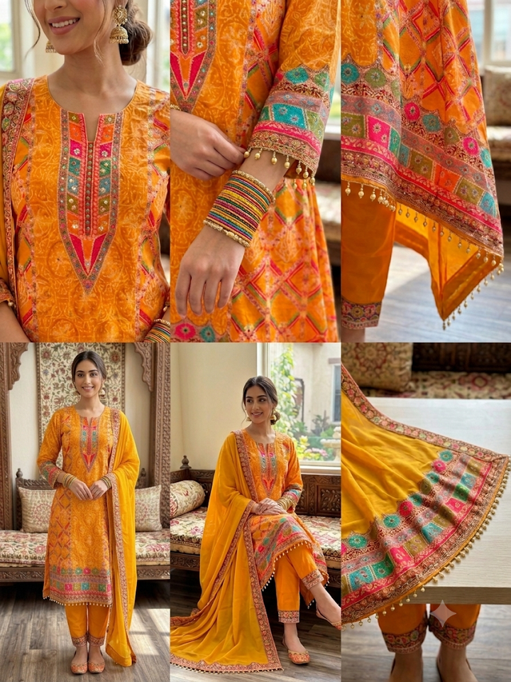 Women's Asymmetric Flared Kurta Set with Dupatta Vibrant Yellow Three-Piece Outfit Ethnic Wear Trousers and Embellished Kurti Set Traditional Festive Wear