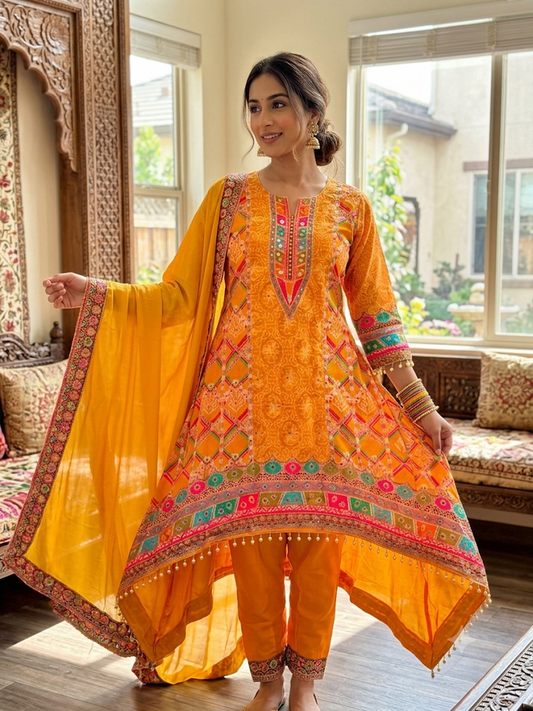 Women's Asymmetric Flared Kurta Set with Dupatta Vibrant Yellow Three-Piece Outfit Ethnic Wear Trousers and Embellished Kurti Set Traditional Festive Wear