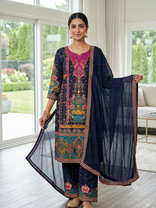 Women's Navy Blue Floral Printed Kurta Set with Dupatta Elegant Three-Piece Outfit Ethnic Wear Trousers and Casual Kurti Set Traditional Festive Wear