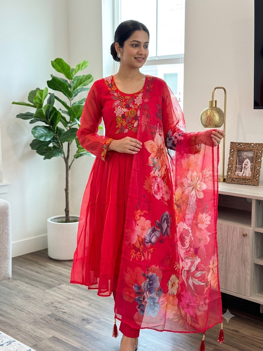 Women's Red 3-Piece Flared Kurta Set With Floral Print Dupatta & Trousers, Elegant Embroidered Ethnic Party Wear Anarkali Suit, Traditional Festive Outfit