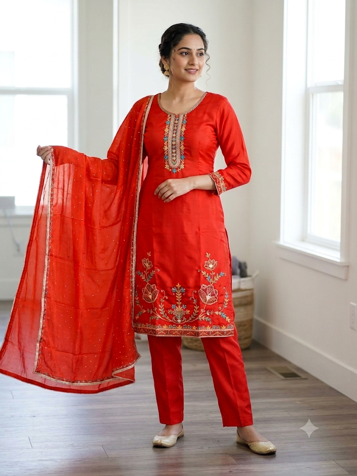 Women's Embroidered Kurta Set with Dupatta Elegant Three-Piece Outfit Ethnic Wear Trousers and Casual Kurti Set Traditional Festive Wear
