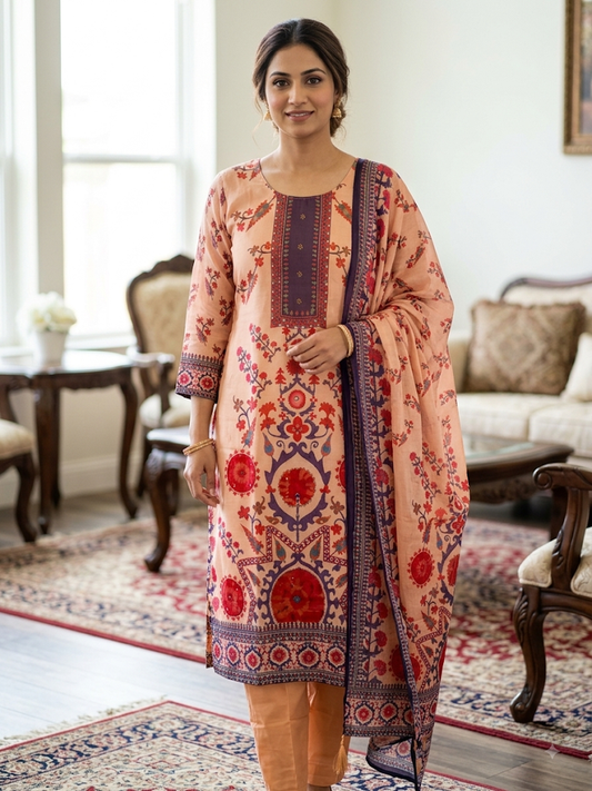 Women's 3-Piece Peach Floral Print Kurta Set | Traditional Ethnic Tunic, Solid T