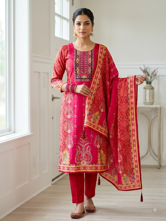 Women's Elegant 3-Piece Fuchsia Pink Printed Tunic Set | Traditional Ethnic Top, Trousers & Tassel Scarf | Festive Occasion Wear