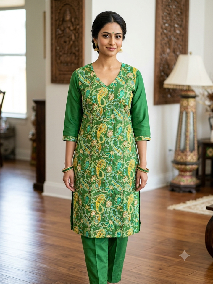 Women's Paisley Print Kurta Set Elegant Two-Piece Outfit Ethnic Wear Trousers and Casual Kurti Set Traditional Festive Wear