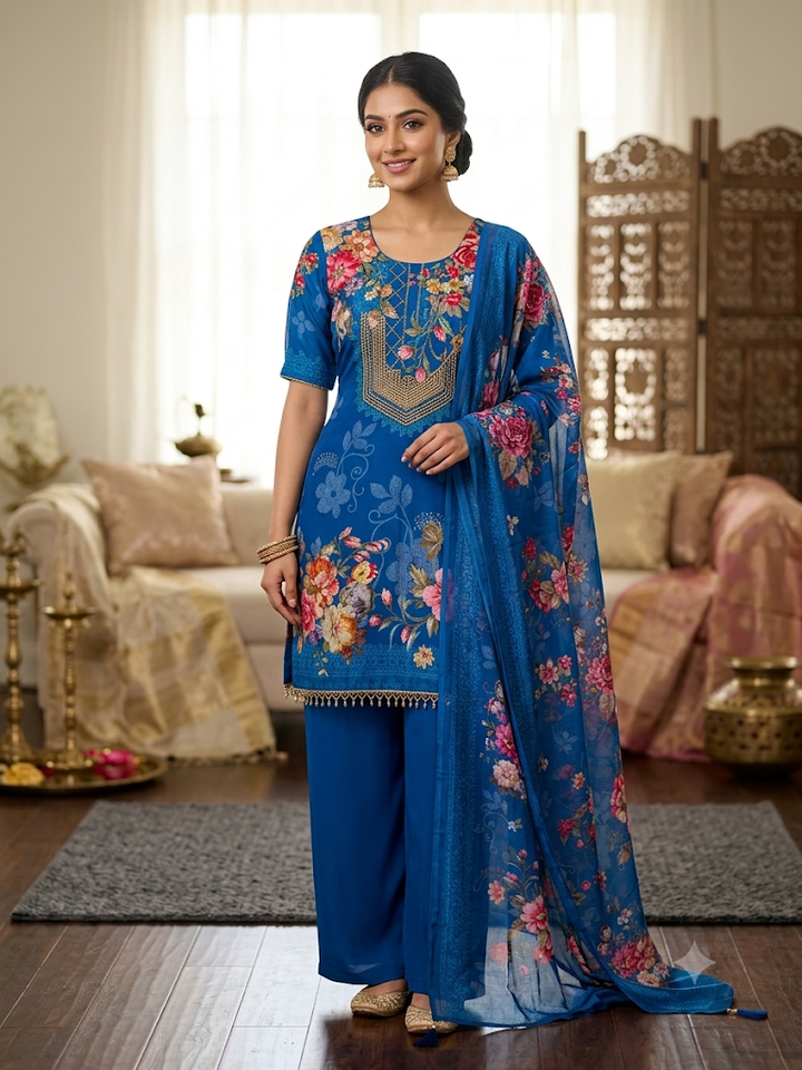 Women's Floral Print Kurta Set with Dupatta Elegant Three-Piece Outfit Ethnic Wear Trousers and Casual Kurti Set Traditional Festive Wear