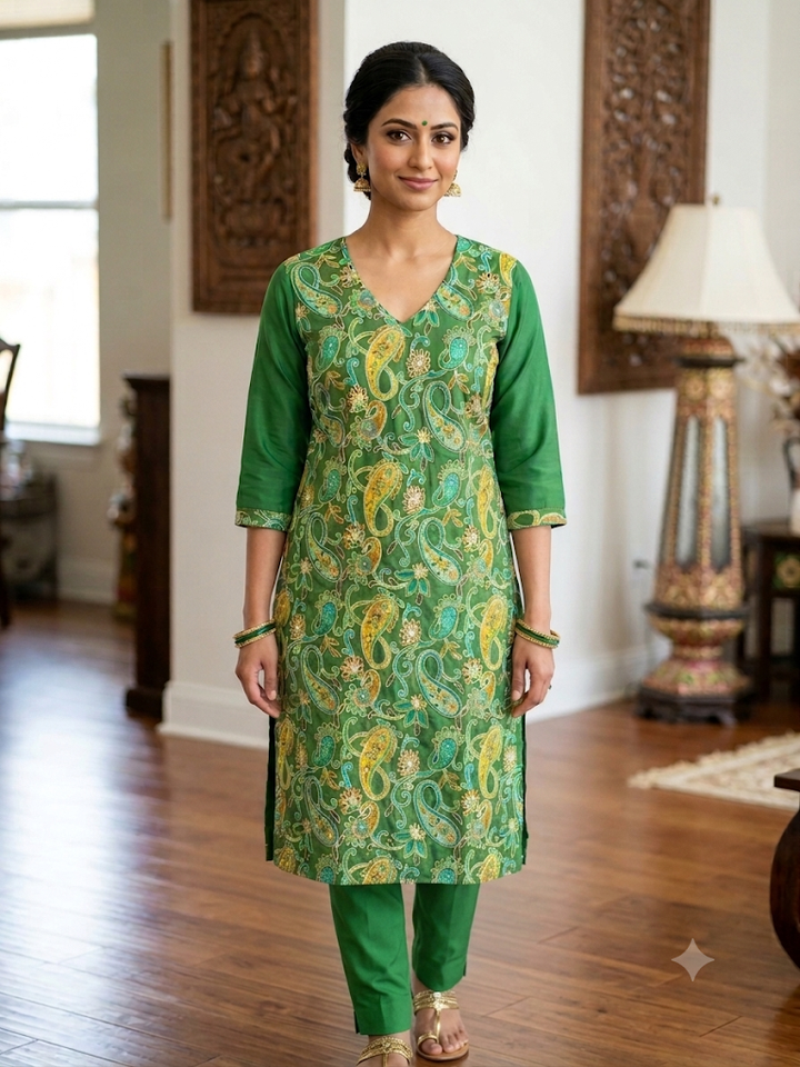 Women's Paisley Print Kurta Set Elegant Two-Piece Outfit Ethnic Wear Trousers and Casual Kurti Set Traditional Festive Wear