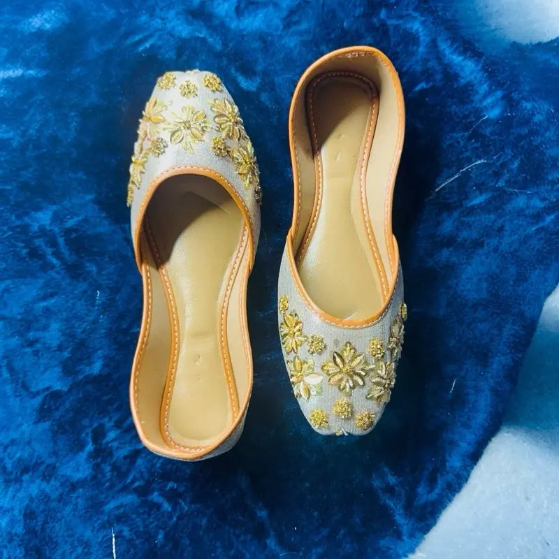 Leather Gold Floral Dream Mules | Hand-Embroidered Ethnic Flats for Weddings & Parties | Comfortable Sparkly Juttis