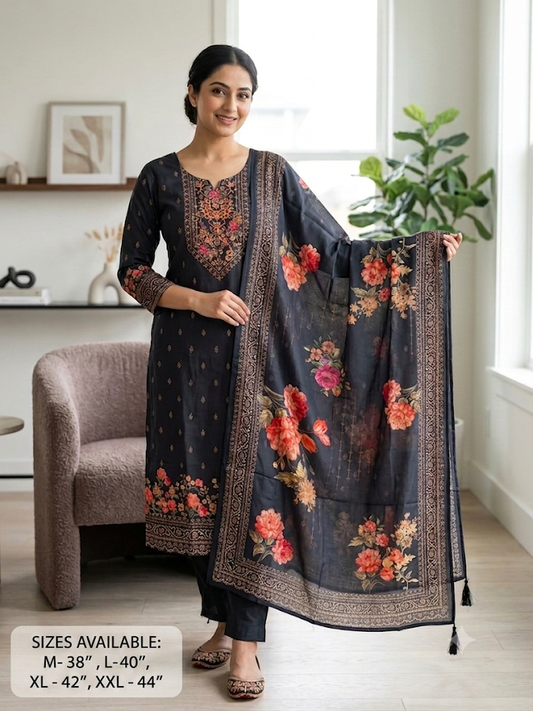 Women's Black Floral Print Kurta Set with Dupatta Elegant Three-Piece Outfit Ethnic Wear Trousers and Casual Kurti Set Traditional Festive Wear