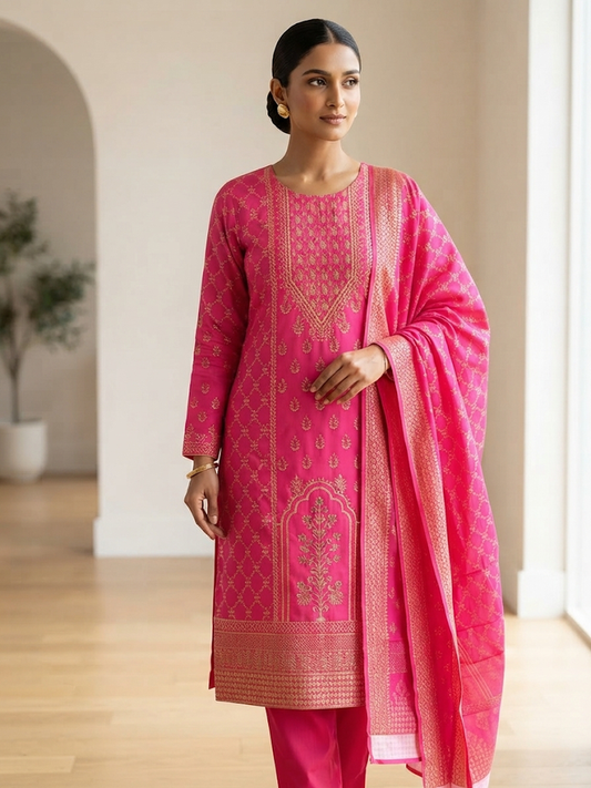 Women's 3-Piece Pink Festive Kurta Set, Elegant Ethnic Tunic Suit with Matching Pants and Printed Dupatta