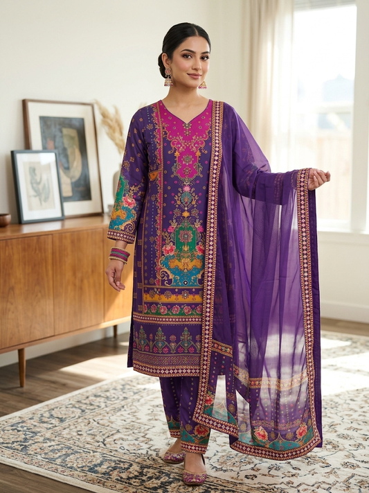 Women's 3-Piece Purple Floral Print Kurta Set, Traditional Ethnic Tunic Suit with Sheer Dupatta and Patterned Pants