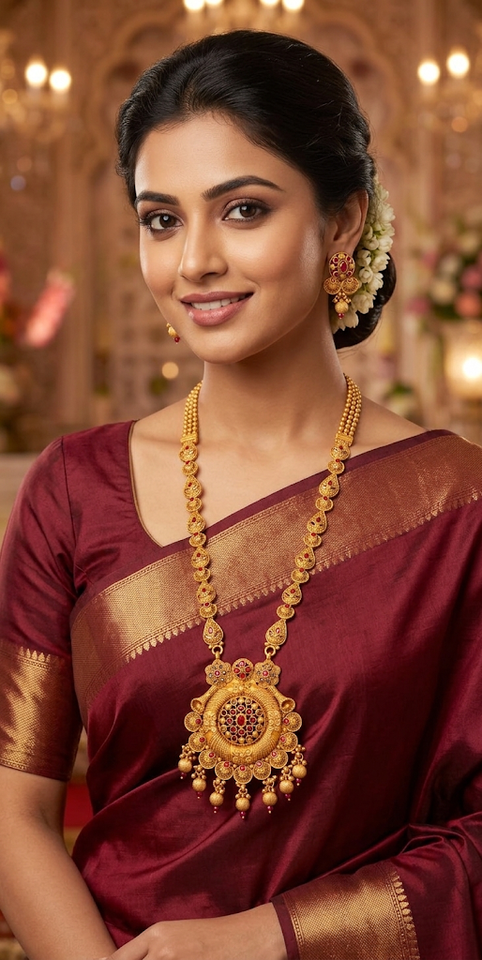 Traditional Gold Temple Jewelry Set: Long Haram Necklace and Matching Jhumka Earrings with Red Stone Accents and Pearl Drops
