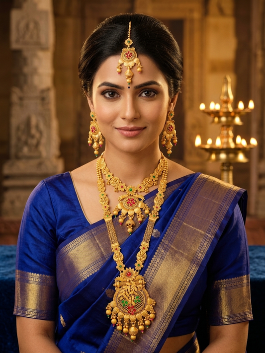 Traditional Gold Temple Jewelry Set: Long Haram Necklace and Matching Jhumka Earrings with Red Stone Accents and Pearl Drops