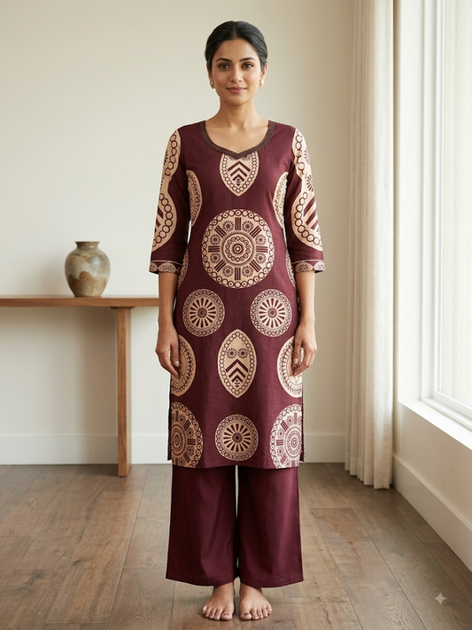 Women's 2-Piece Boho Geometric Print Tunic & Pants Set | Elegant V-Neck Long Sleeve Kurta Top and Wide Leg Trousers | Casual Ethnic Outfit