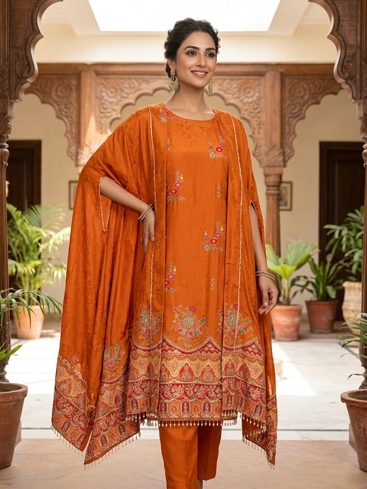 Women's 3-Piece Rust Orange Embroidered Kurta Set, Festive Ethnic Tunic Suit with Flowing Dupatta and Beaded Tassel Trim