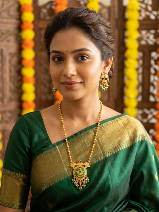 Traditional Gold Temple Jewelry Set: Long Haram Necklace and Matching Jhumka Earrings with  Stone Accents and Pearl Drops