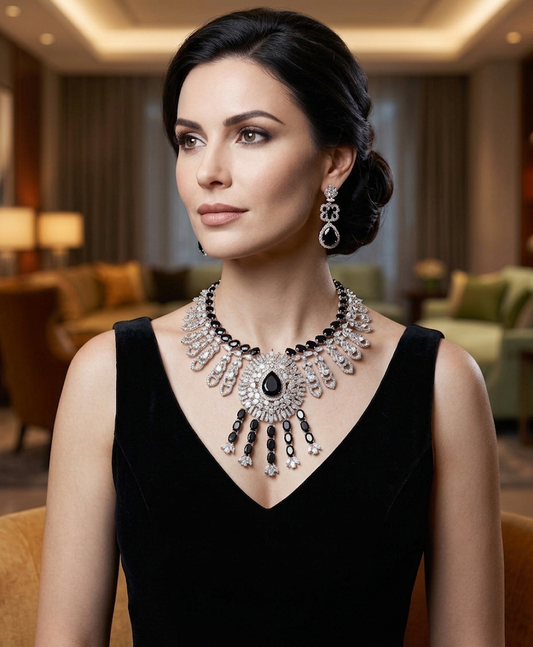 Luxurious Statement Necklace and Dangle Earring Set with Black Faux Gemstones and Sparkling Accents, Sophisticated Jewelry for Formal Events and Evening Wear