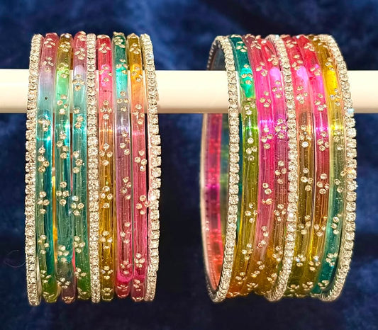 Vibrant Crystal Rhinestone Bangle Pair, Stackable Multi-Color Gemstone Bracelet Set for Women and Girls