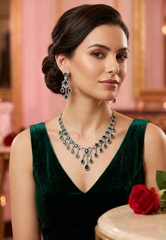 Luxurious Silver-Tone Necklace and Dangle Earring Set with Teardrop Green Faux Gemstones, Sophisticated Jewelry for Weddings, Galas, and Formal Occasions